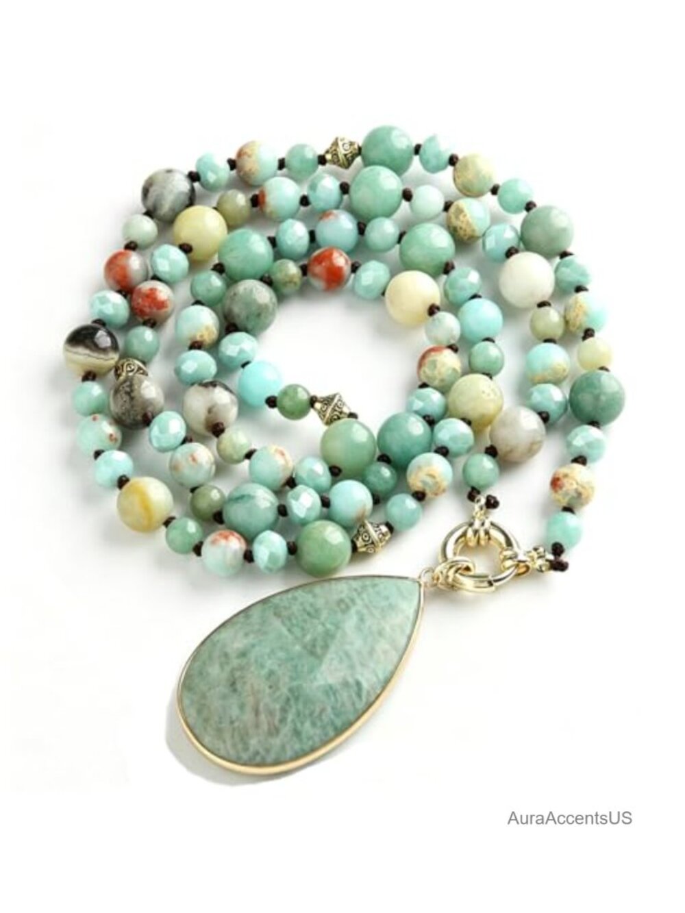 Boho Long Beaded Necklace Detachable Amazonite Pendant Strand